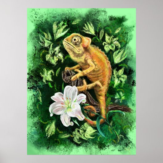 Chameleon En Feuille Poster Vert - Peinture (Devant)