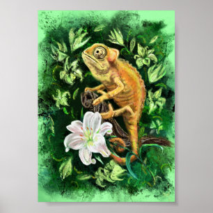 Chameleon En Feuille Poster Vert - Peinture