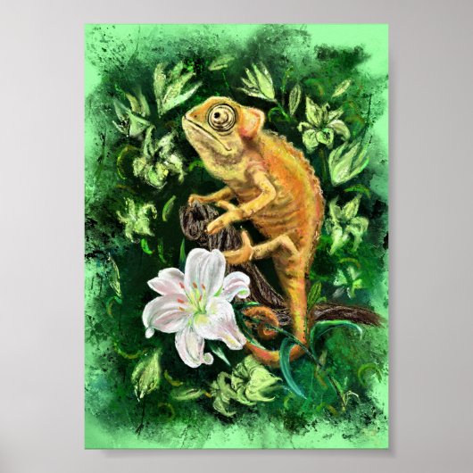Chameleon En Feuille Poster Vert - Peinture (Devant)