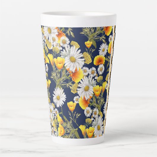 Chamomiles Poppies en Checkerboard Latte Mok (Voorkant)