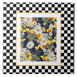 Chamomiles Poppies en Checkerboard Tegeltje