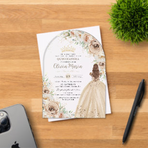Champagne Beige Crème Bloemenkroon Prinses Quincea Acryl Uitnodigingen