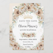 Champagne Beige Crème Goud Bloemen Quinceañera Save The Date (Voorkant / Achterkant)