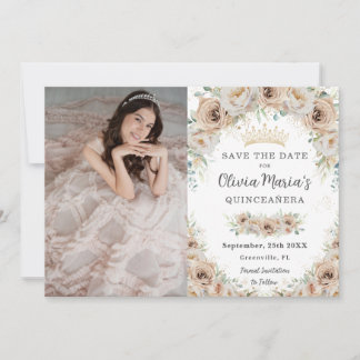 Champagne Beige Crème Goud Bloemen Quinceañera Save The Date