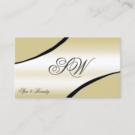 Champagne Beige Curved Lines Monogram en QR-code Visitekaartje (Voorkant)