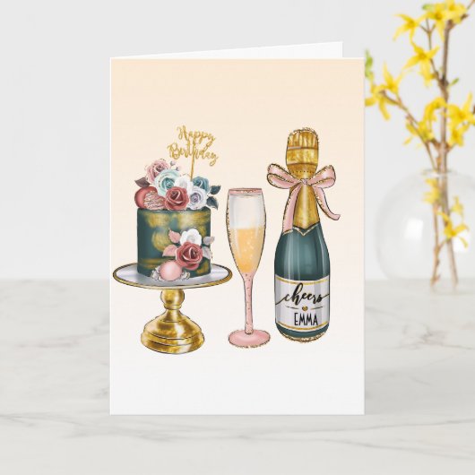 Champagne | Birthday Cake Kaart (Gele Bloem)