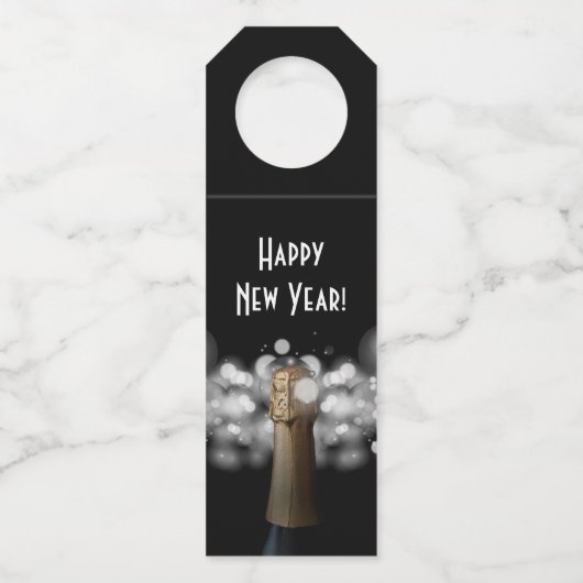 Champagne Black & White Bokeh Bottle Hanger Label (Voorkant)