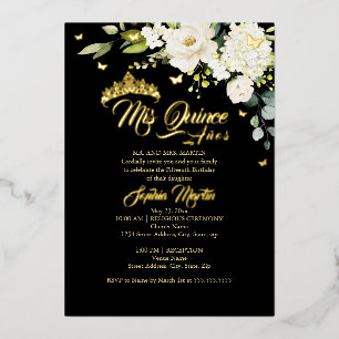 Champagne Bloem Zwart Goud Mis Quince Quinceanera Folie Uitnodiging
