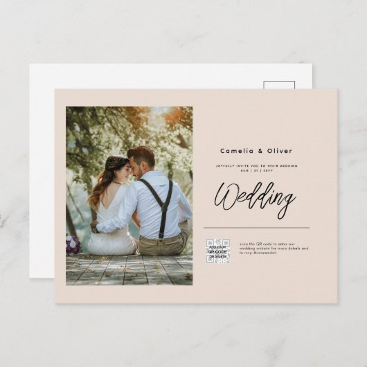 Champagne Blush FOTO Huwelijksuitnodiging QR Code Briefkaart (Voorkant / Achterkant)