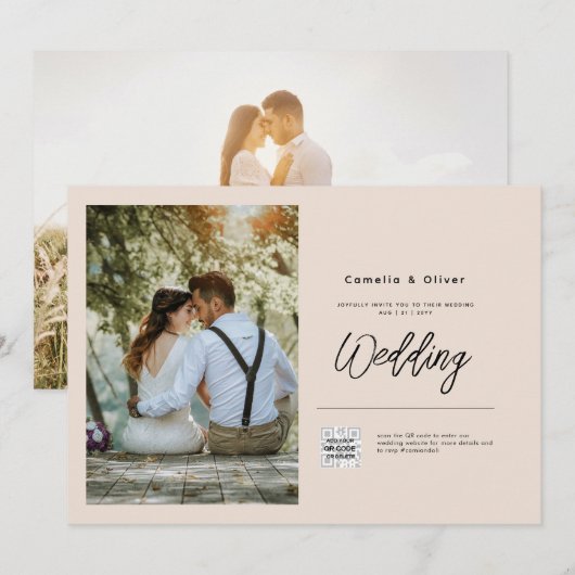 Champagne Blush FOTOHuwelijksuitnodiging QR Code Kaart (Voorkant / Achterkant)