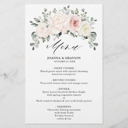 Champagne Blush Ivory Floral Greenery Menu Mariage (Devant)