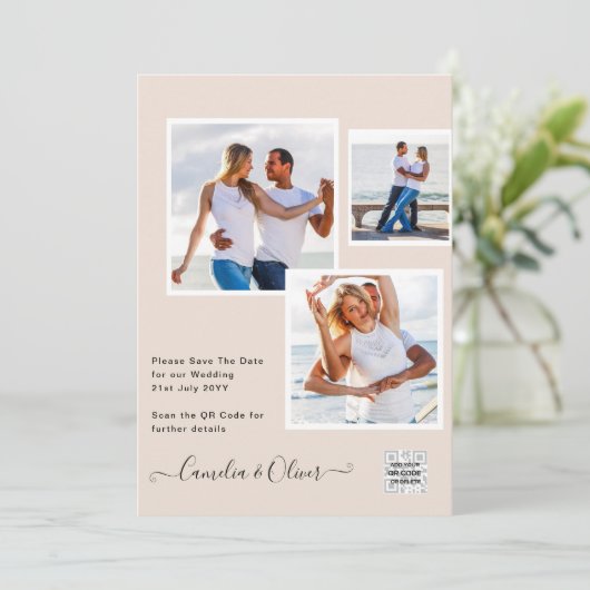 Champagne Blush PHOTO Faire-part de mariage QR Cod (Debout devant)