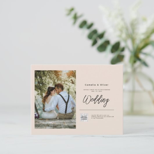 Champagne Blush PHOTO Weddenschap QR Code Briefkaart (Staand voorkant)