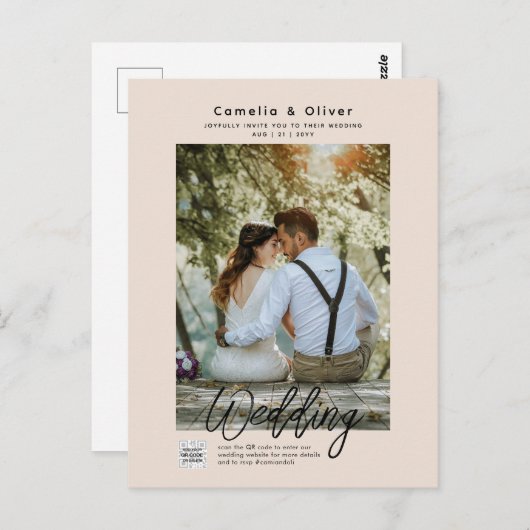 Champagne Blush PHOTO Weddenschap QR Code Briefkaart (Voorkant / Achterkant)
