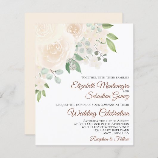 Champagne Blush Rozen Boho BUDGET Wedding Invite (Voorkant / Achterkant)