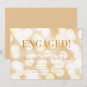 Champagne Bokeh Lights Faux Gold Engagement Party Kaart