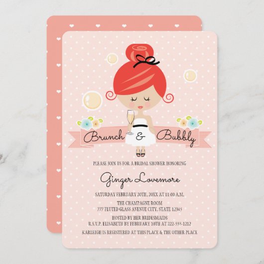 Champagne Bridal Douche Invitation Tête rouge (Devant / Derrière)