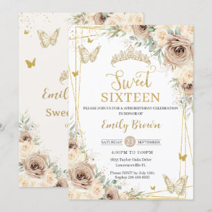 Champagne Bruin Bloemen Vlinders Sweet Sixteen Kaart
