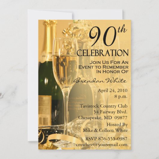 Champagne Celebration 90th Birthday Invitations Kaart (Voorkant)