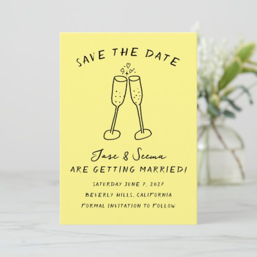Champagne Cheers Hand getrokken Custom FOTO Save The Date (Staand voorkant)