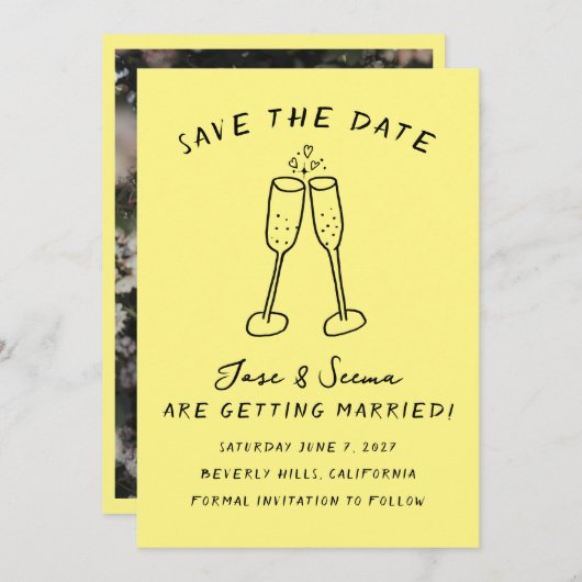 Champagne Cheers Hand getrokken Custom FOTO Save The Date (Voorkant / Achterkant)