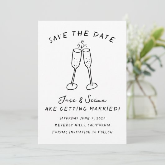 Champagne Cheers Hand getrokken Schattigee Custom Save The Date (Staand voorkant)