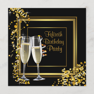 Champagne Confetti Black Gold 50th Birthday Party Kaart