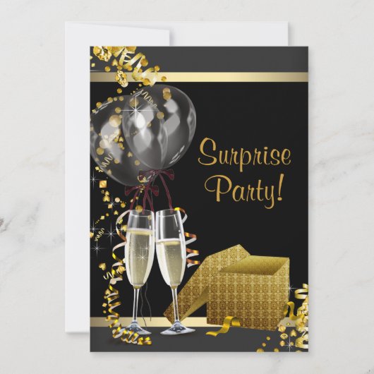 Champagne Confetti Black Gold Surprise Party Kaart (Voorkant)