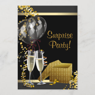 Champagne Confetti Black Gold Surprise Party Kaart