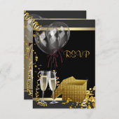 Champagne Confetti Black Gold Surprise Party RSVP (Devant / Derrière)