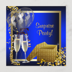 Champagne Confetti Blue and Gold Surprise Party Kaart