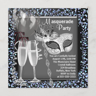 Champagne Confetti Silver Black Masquerade Party Kaart