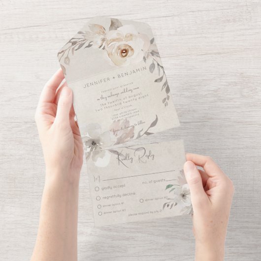 Champagne & Cream Waterverf Boho Bloemendiner All In One Uitnodiging (Afscheurbaar)