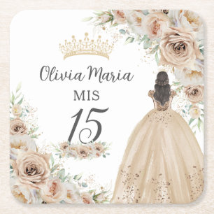 Champagne Crème Beige Bloemen Prinses Quinceañera Vierkante Kartonnen Onderzetter