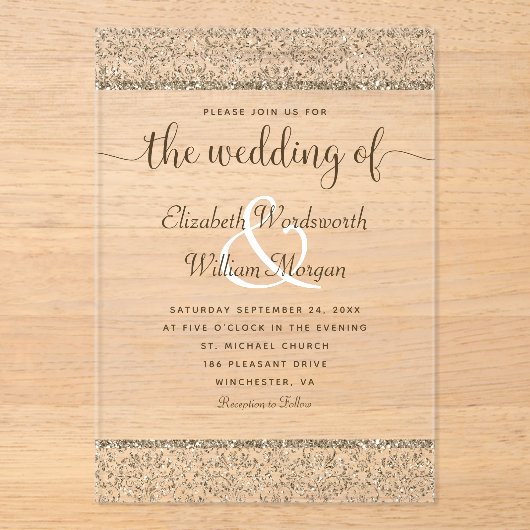 Champagne Damask Glitter Monogram Elegant Wedding Acryl Uitnodigingen (Voorkant)