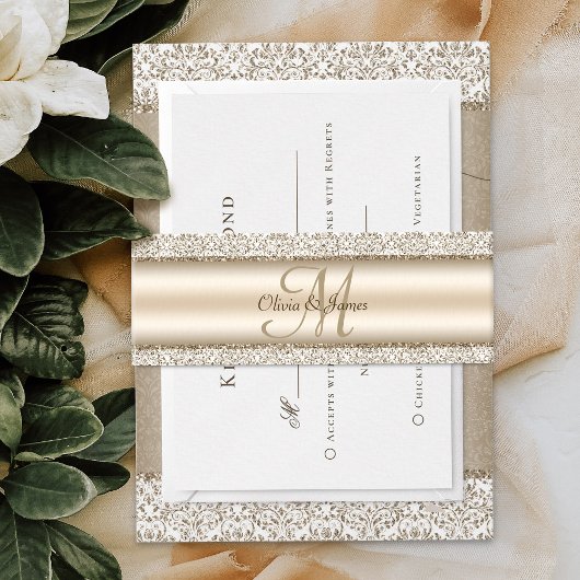 Champagne Damask Glitter Monogram Weddenschap Uitnodigingen Wikkel
