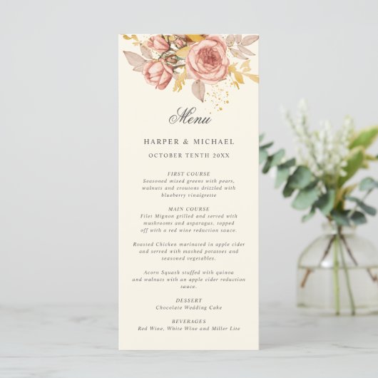 Champagne d'aquarelle rose monogramme mariage menu (Debout devant)