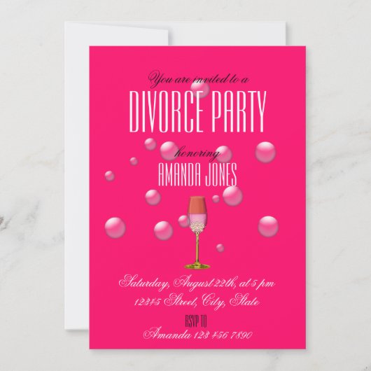 Champagne d'or rose divorce fête girly invitation (Devant)