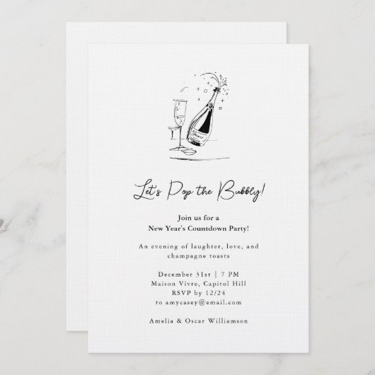 Champagne Drawing Minimalist New Year's Eve Party Kaart (Voorkant / Achterkant)