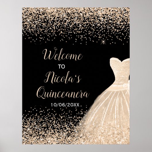 Champagne Dress Faux Glitter Quinceanera Welcome Poster (Voorkant)