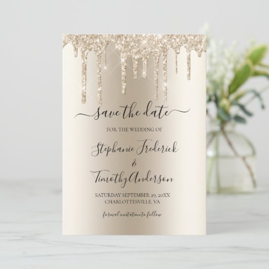 Champagne Dripping Glitter QR Code Weddenschap Save The Date (Staand voorkant)