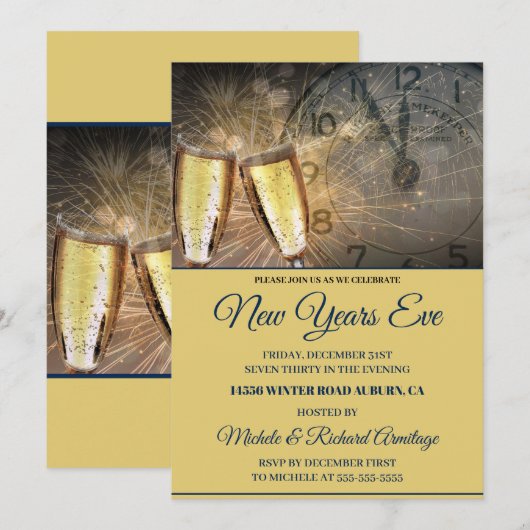 Champagne élégant et horloge Nouvel An Invitation (Devant / Derrière)
