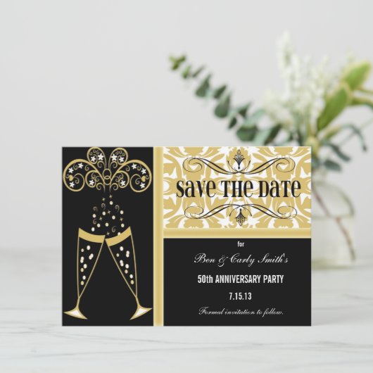 Champagne en Damask bewaren de datum-uitnodiging Save The Date (Staand voorkant)
