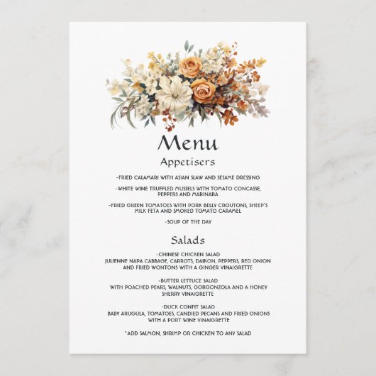 Champagne en Ivoor Bloemen Bruiloft Menu (Voorkant)
