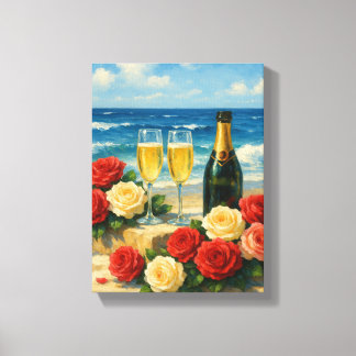 Champagne en Rozen op romantisch strand Canvas Afdruk