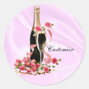 Champagne en Rozen roze satijnsktickers Ronde Sticker