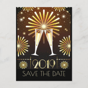 Champagne en vuurwerk New Years Save the Date Briefkaart
