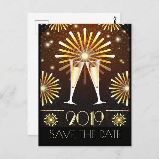 Champagne en vuurwerk New Years Save the Date Briefkaart (Voorkant / Achterkant)