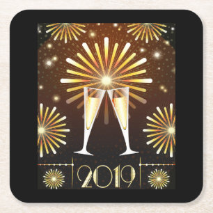 Champagne en vuurwerk - nieuwjaarsjaar 2019 vierkante kartonnen onderzetter