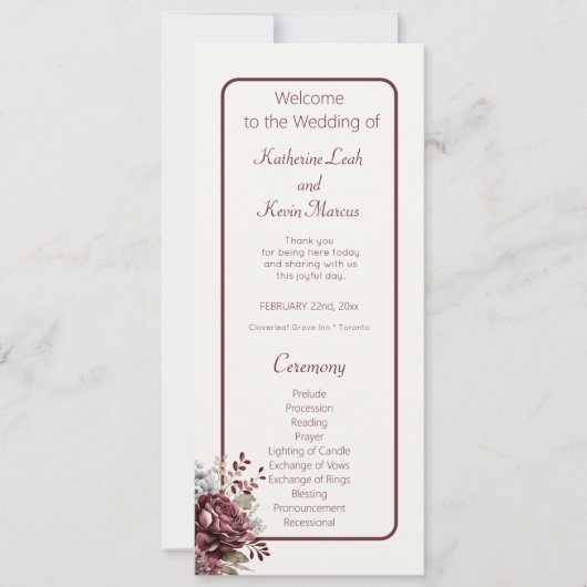 Champagne et Burgandy Floral Wedding Programme (Devant)